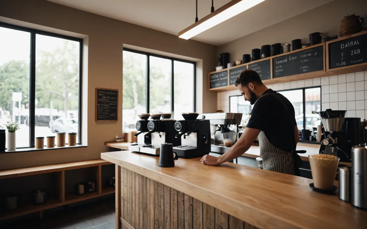 A wide shot of a modern minimalist cafe interior with large windows letting in bright natural light. A barista is grinding beans behind the counter while several customers wait. The space features wooden tables and potted plants creating a warm inviting atmosphere without any visible text or signage.