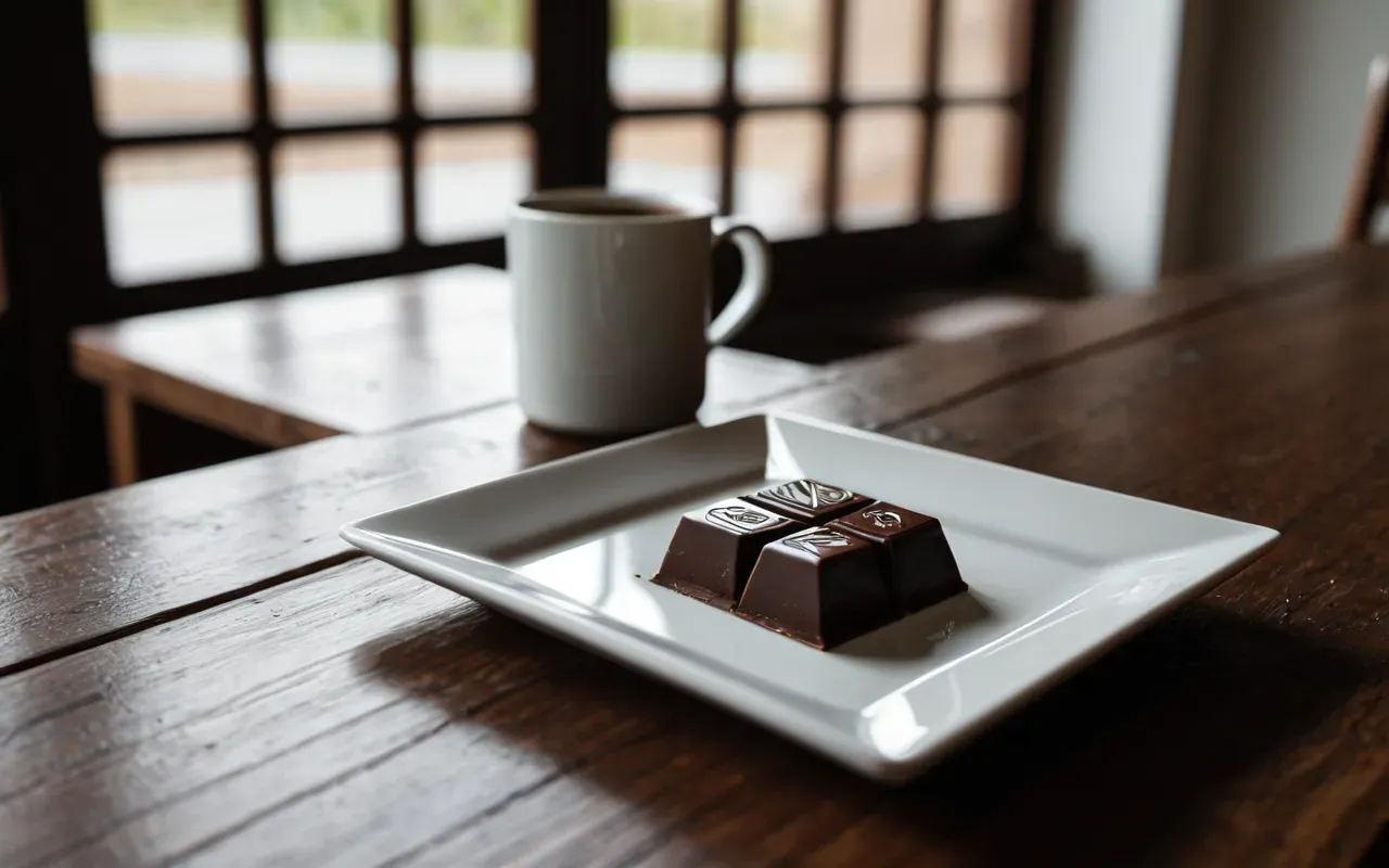 A wooden table with a single white plate holding one plain dark chocolate square next to an empty clear glass mug showing reflections of natural light from the side.