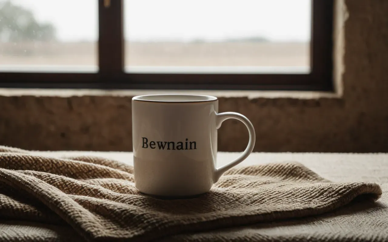 Clean editorial still life of a plain white ceramic mug filled with light brown liquid sitting on a textured linen cloth with soft natural window light creating gentle shadows around the simple composition.