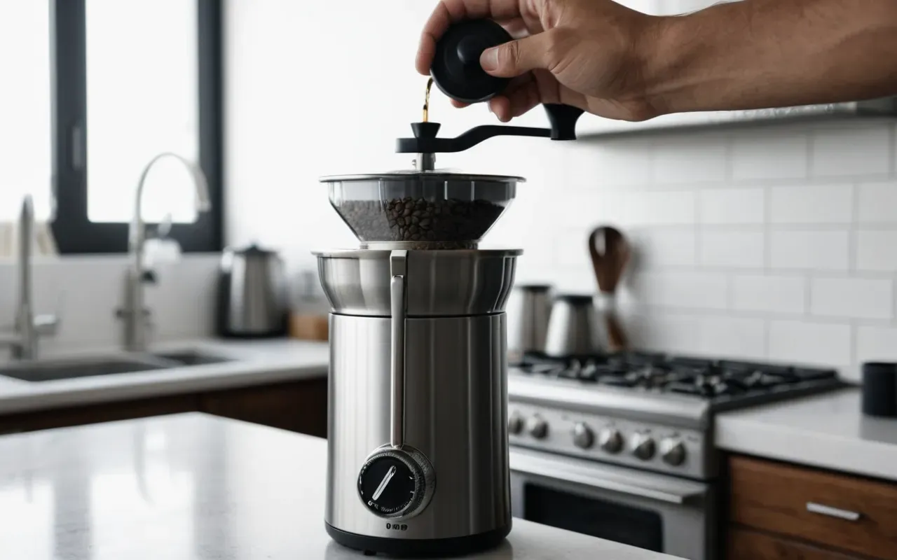 Close-up of a hand adjusting the dial on a modern stainless steel coffee grinder in a bright minimalist kitchen setting with soft natural light and clean white surfaces