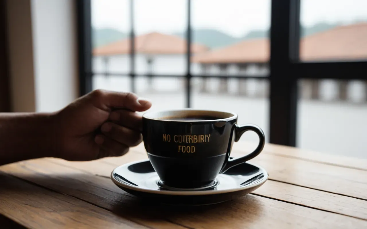 Close up of a hand holding a ceramic cup filled with black coffee on a wooden table near a bright window