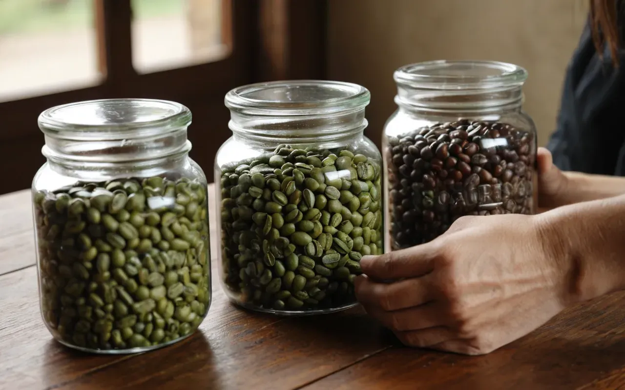 Close-up of a hand holding three different types of raw green coffee beans in separate glass jars on a wooden table with natural light.