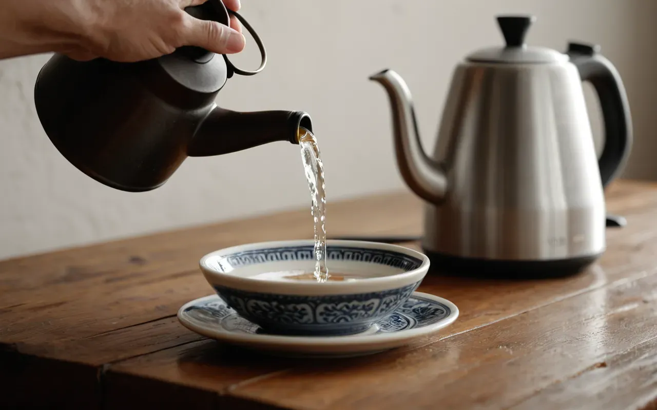 Close-up of a hand pouring hot water from a glass kettle into a ceramic pour-over cone on a wooden table. Soft diffused lighting creates a calm and focused mood without any visible text or signage.