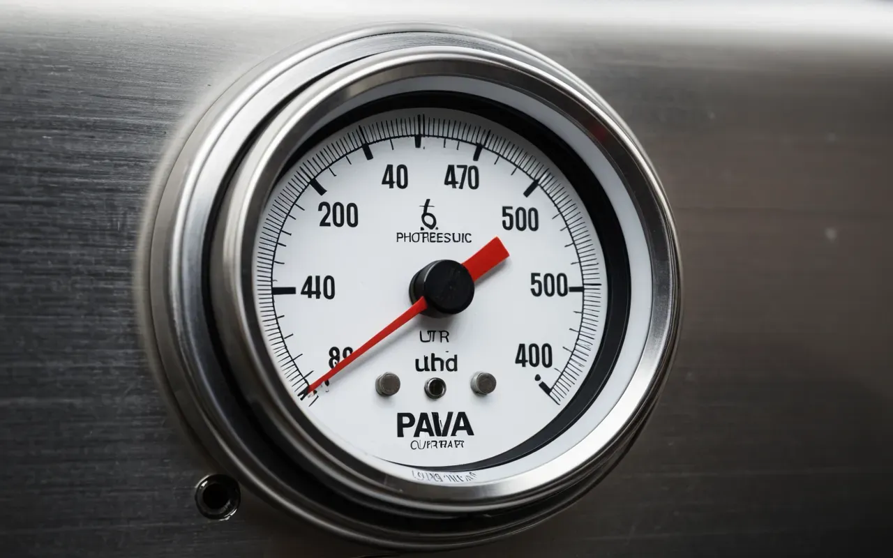pressure extraction data Close-up of an analog pressure gauge dial with red needle pointing to high range mounted on brushed aluminum housing with fine measurement ticks