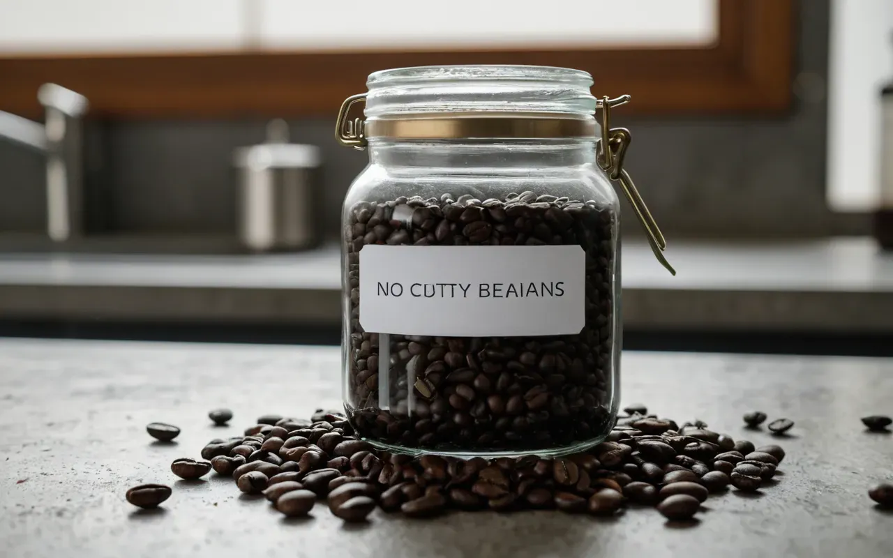 coffee bean roasting Close-up of dark roasted coffee beans in a glass jar on a concrete counter with soft diffused light highlighting texture and color variations