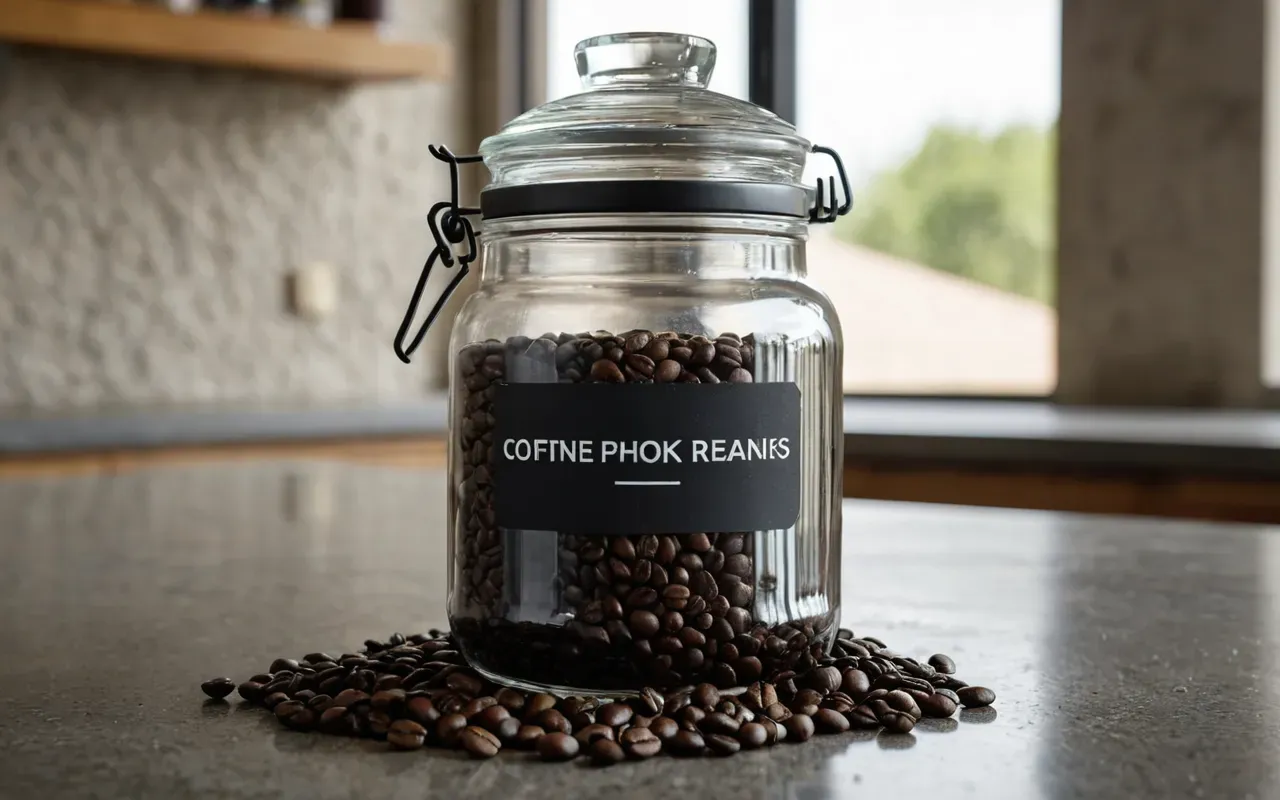 Close up of fresh coffee beans in a clear glass jar sitting on a concrete countertop with soft natural lighting highlighting the texture and color variations of the roasted beans.