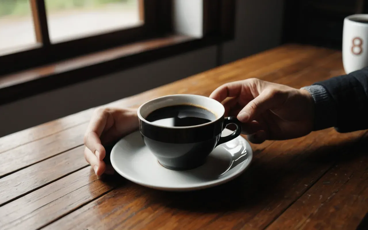 coffee ritual Close-up of hands holding a ceramic cup of black coffee on a wooden table with soft morning light filtering through a window