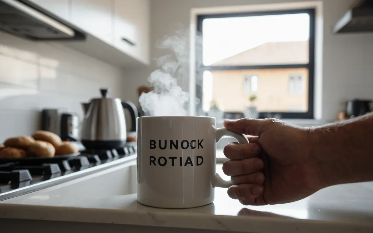 Close-up of hands holding a ceramic mug with steam rising in a bright modern kitchen setting with soft natural light and blurred background
