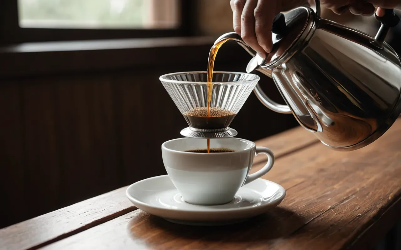 Close up of hands pouring hot water from a glass gooseneck kettle into a ceramic pour over dripper with coffee grounds visible inside the filter paper on a wooden table surface.