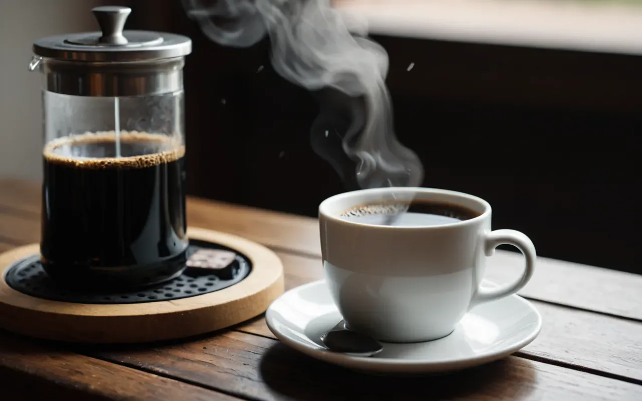 Close up view of a white ceramic cup filled with dark black coffee showing steam rising from the surface placed on a wooden coaster next to a small glass jar containing raw brown beans.
