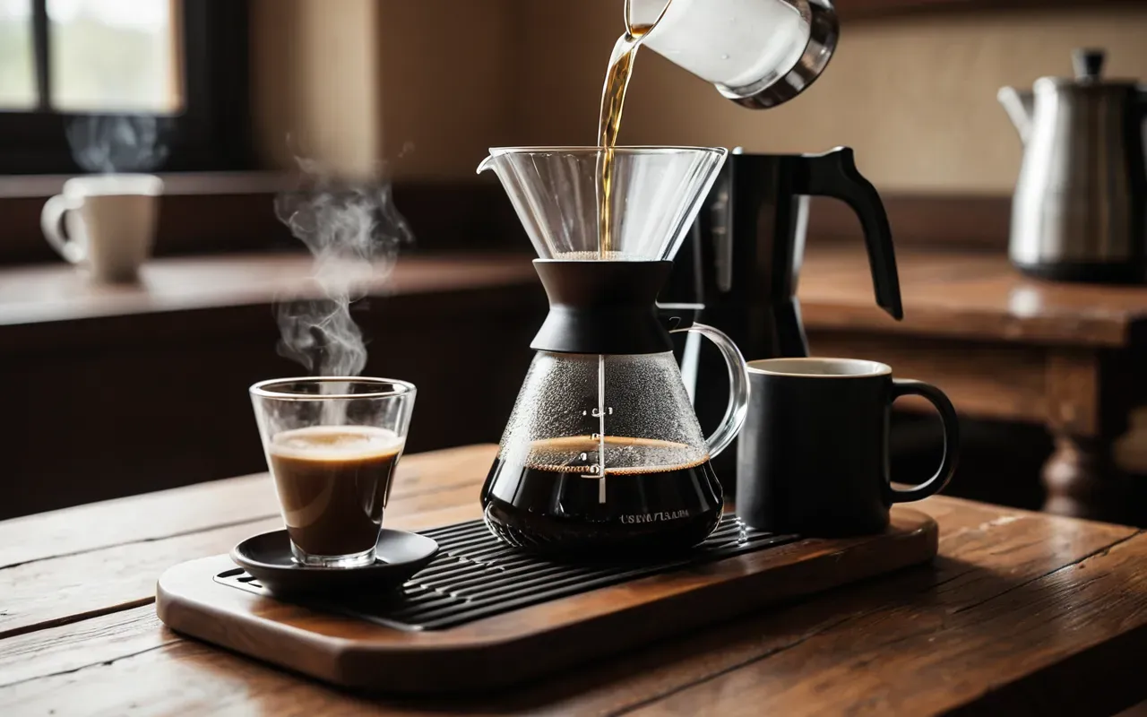 Editorial shot of a glass pour over carafe on a wooden table with steam rising from fresh coffee next to a digital thermometer showing precise temperature settings in a modern cafe interior
