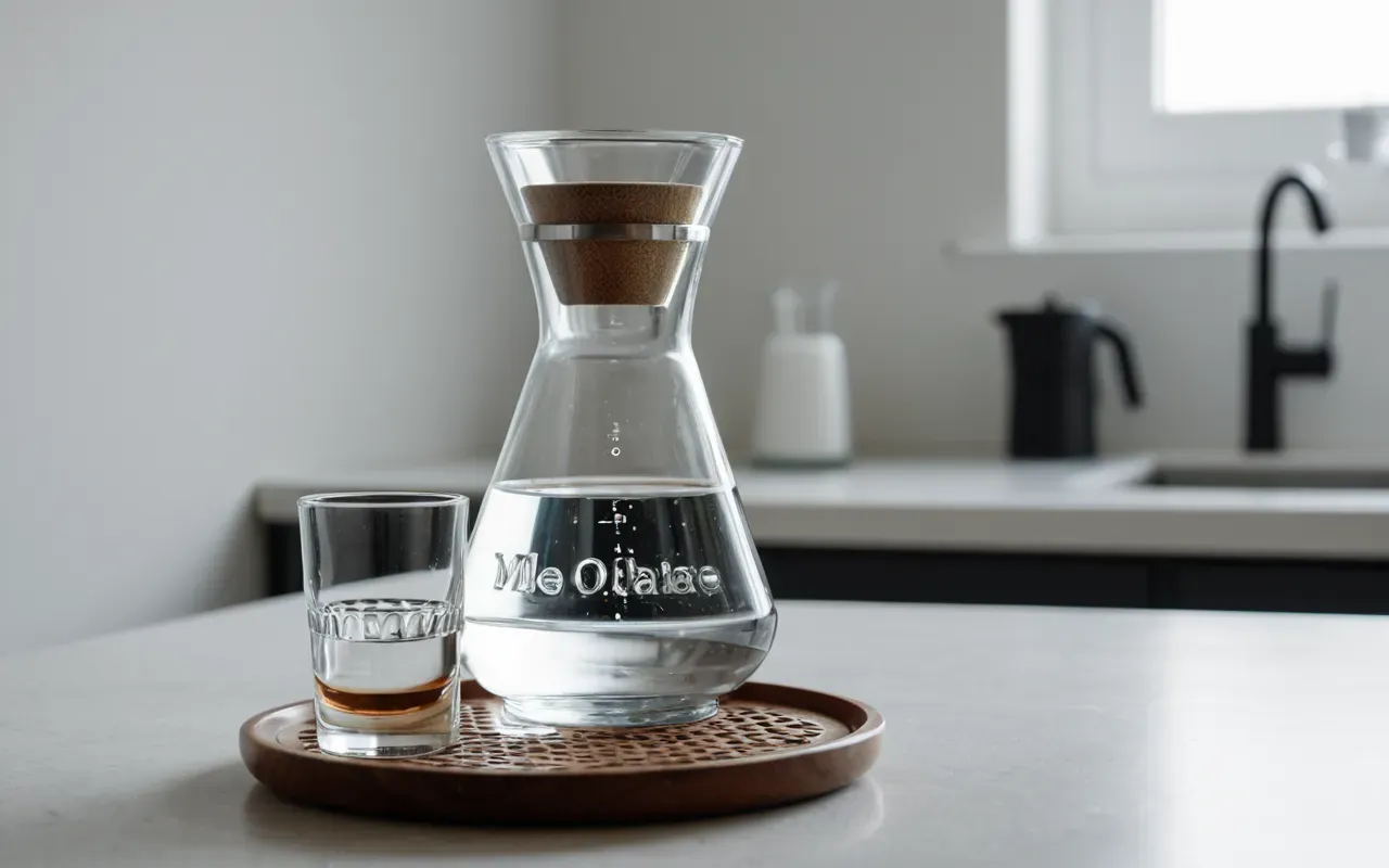 Editorial still life of a glass carafe filled with clear water next to a ceramic filter holder on a clean white surface with soft directional lighting casting gentle shadows around the objects.