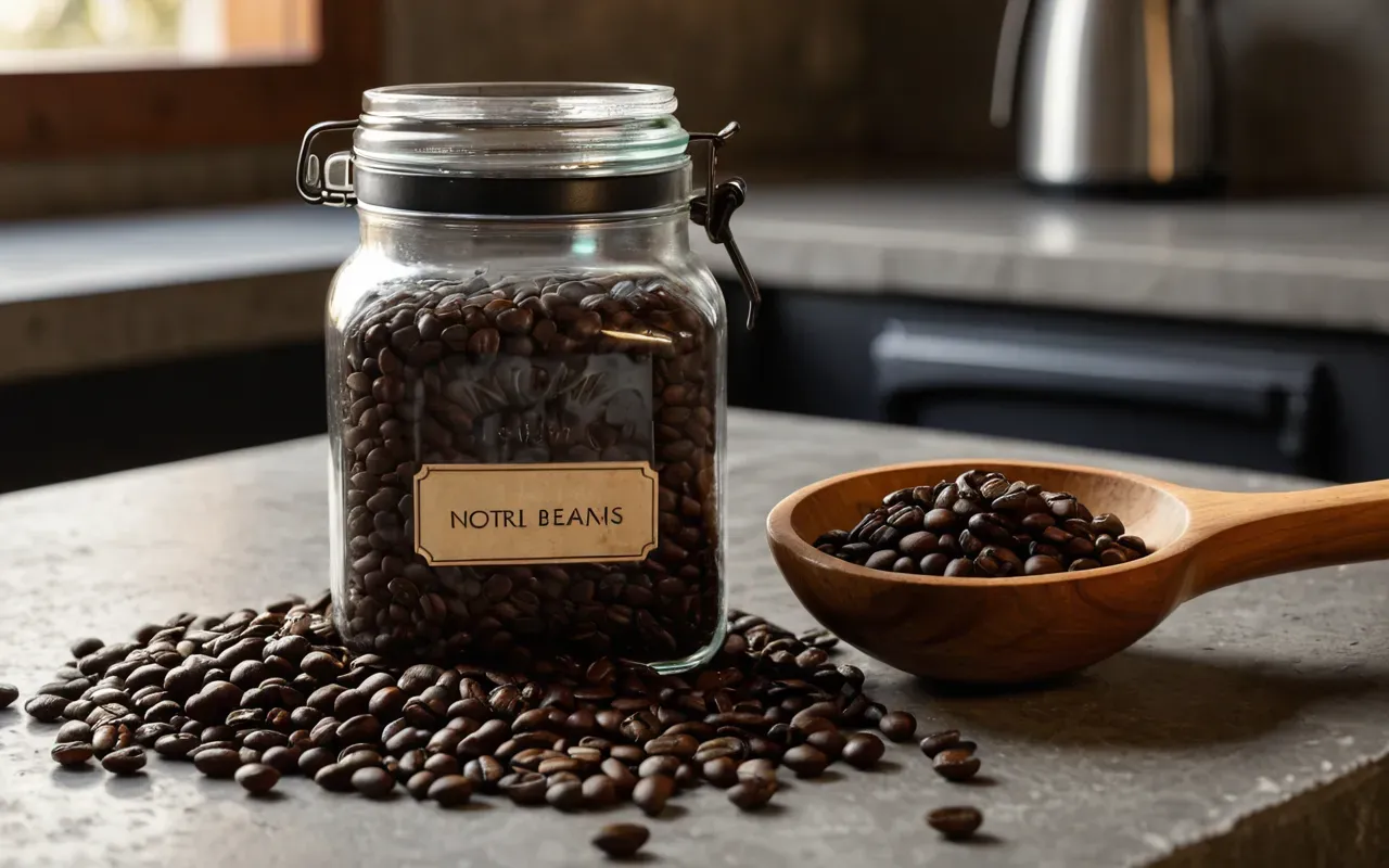 Editorial still life of roasted coffee beans in a glass jar next to a wooden scoop on a concrete countertop with soft shadows and warm lighting