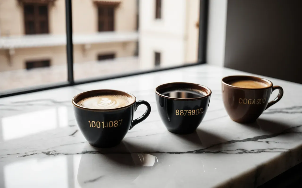 Editorial still life of three ceramic cups filled with different shades of coffee on a white marble surface with soft shadows cast by natural window light.