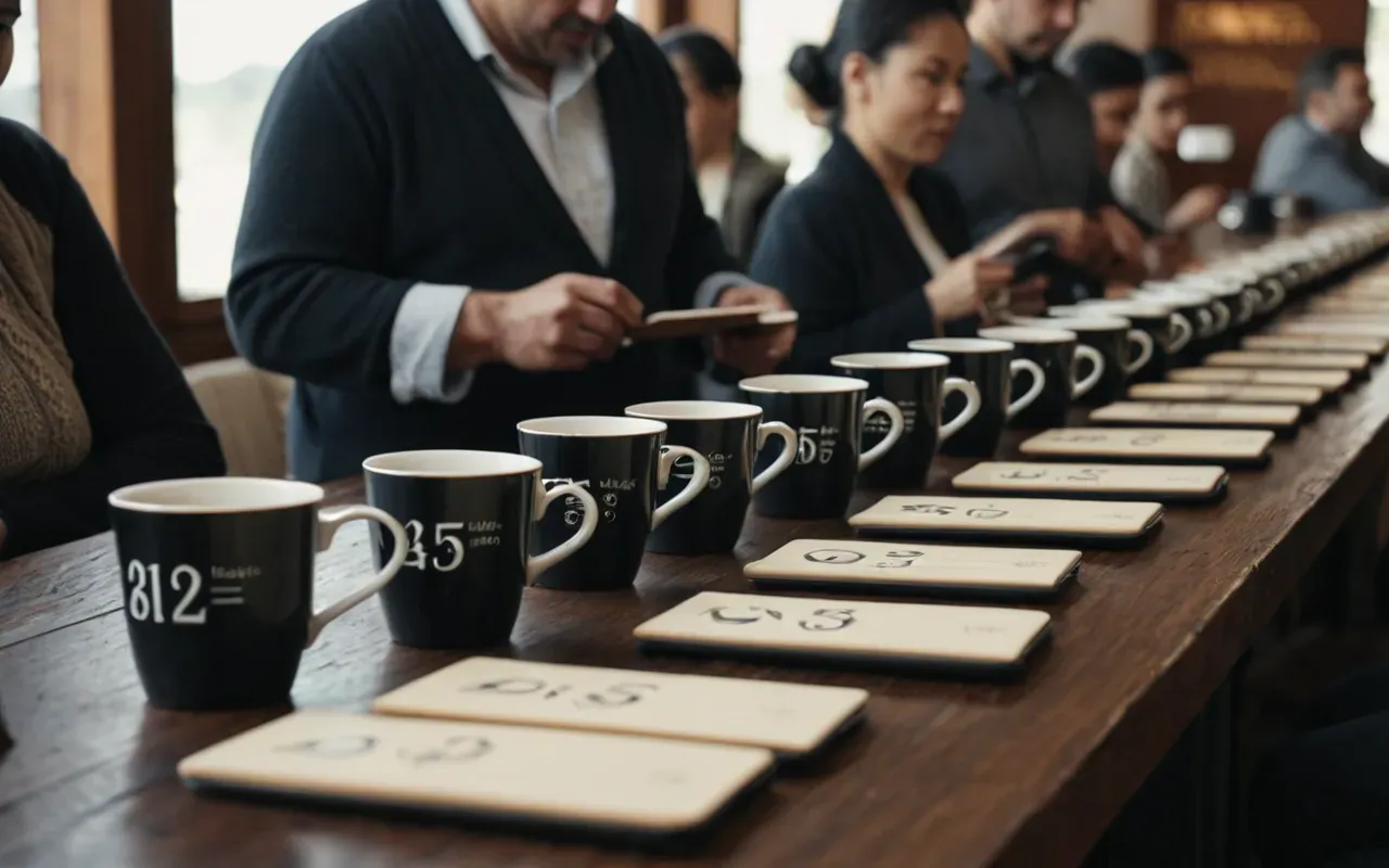 Group of people participating in a coffee tasting event with cups lined up on a table and notebooks open