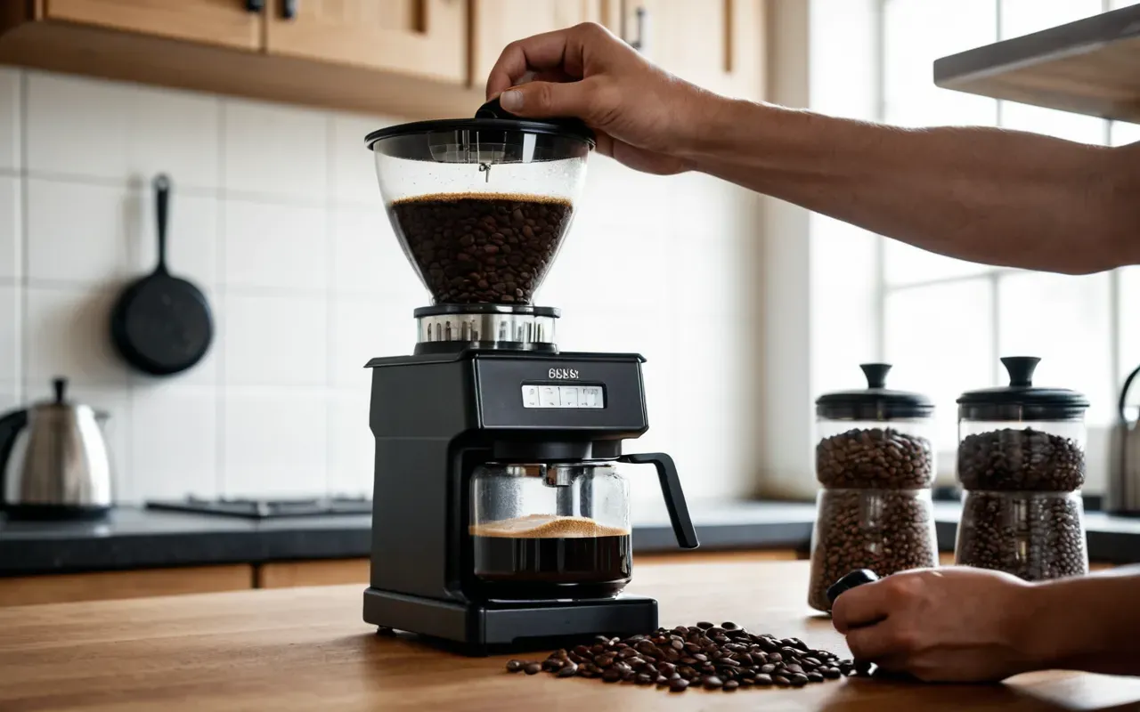 Hands holding a small bag of coffee beans and pouring them into a grinder in a bright kitchen setting
