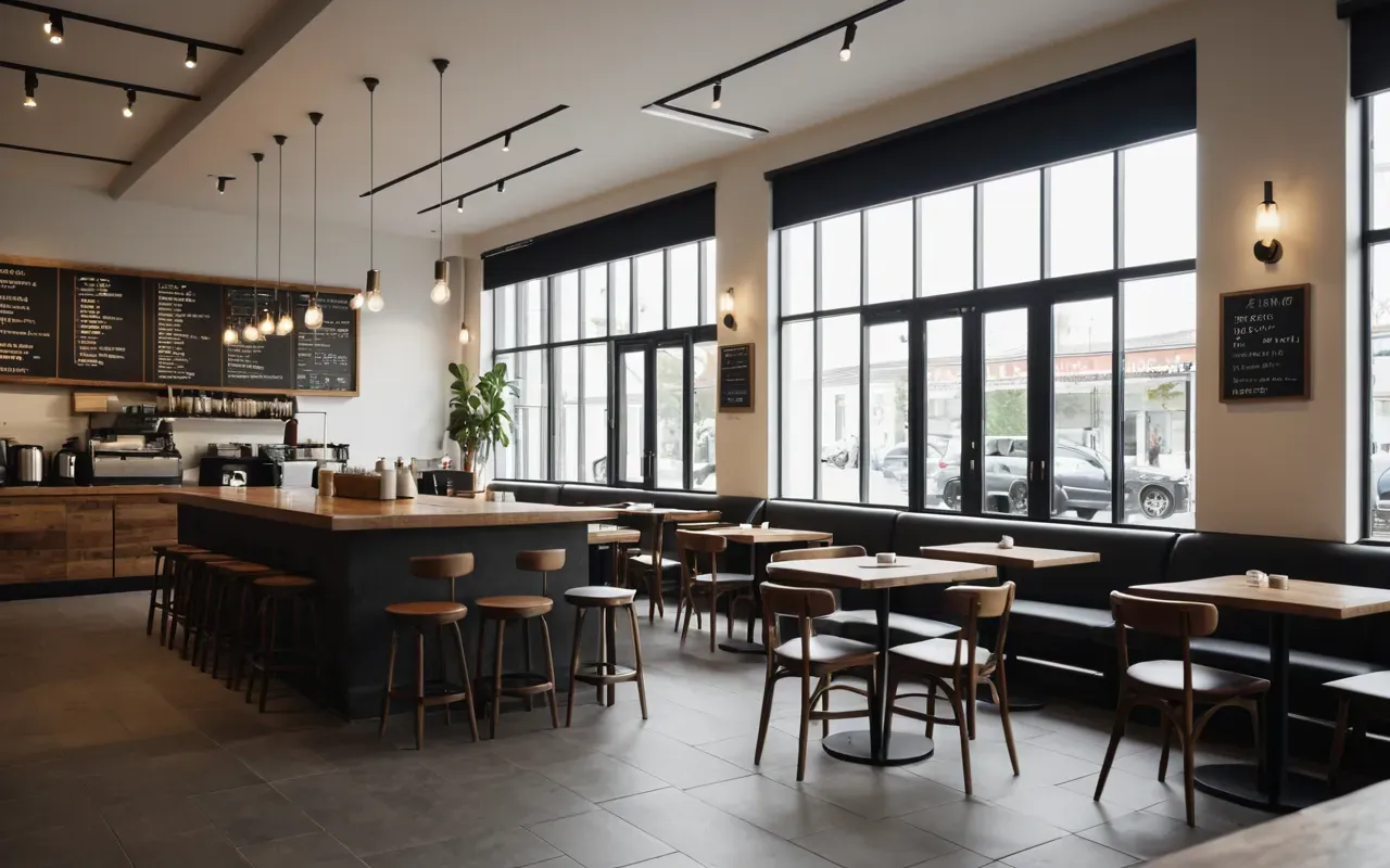 Interior of a modern cafe space with minimalist furniture and large windows letting in soft natural light creating a calm atmosphere for customers