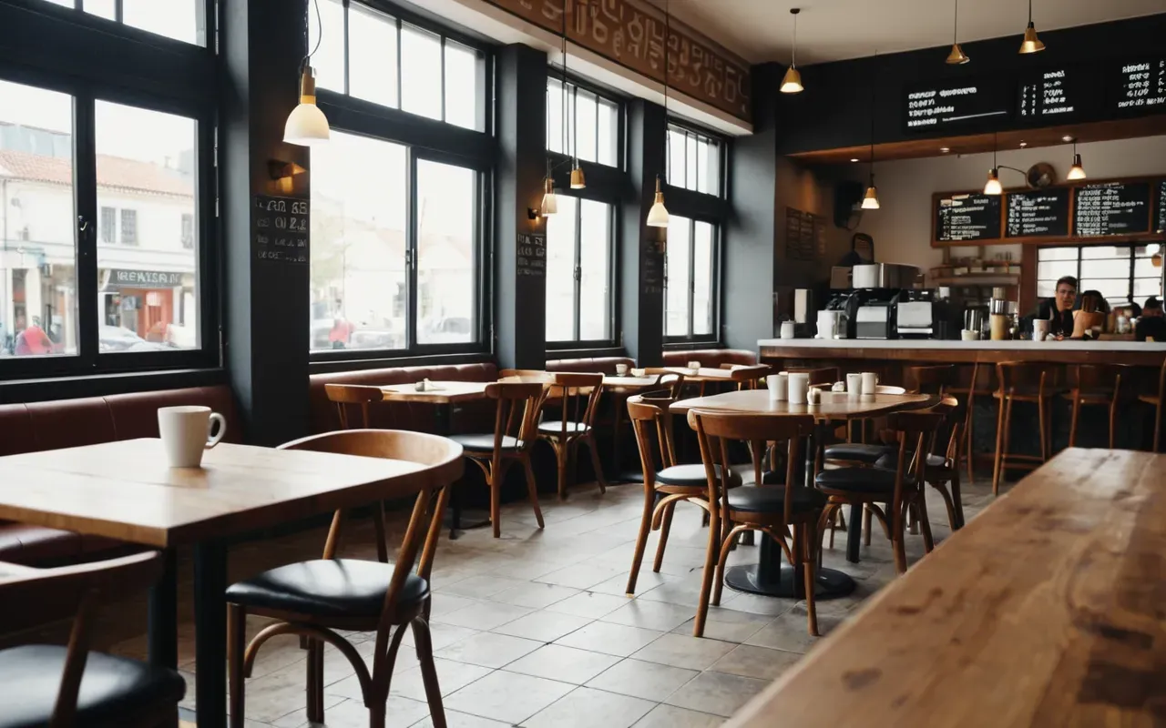 Interior view of a cozy modern cafe with wooden tables and chairs near large windows letting in bright morning light where customers sit enjoying coffee cups on the table