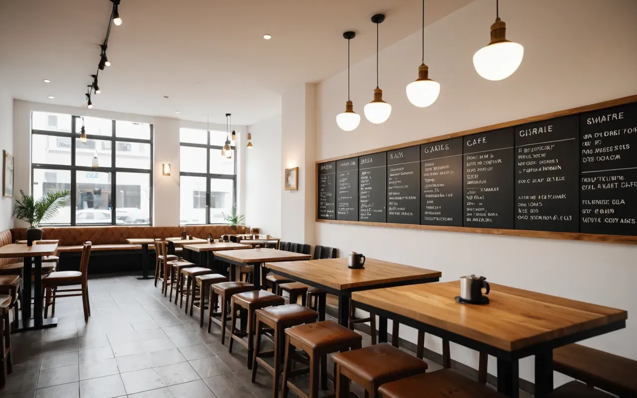 Interior view of a modern cafe space with clean white walls and minimalist wooden furniture arranged neatly around small tables under warm ambient lighting fixtures.