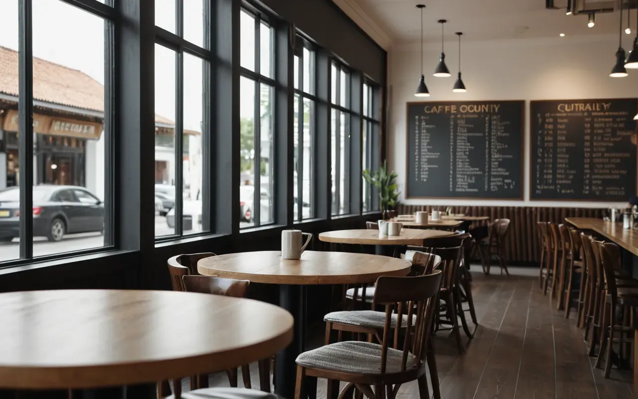 Interior view of a modern cafe with wooden tables and large windows letting in soft daylight showing customers chatting