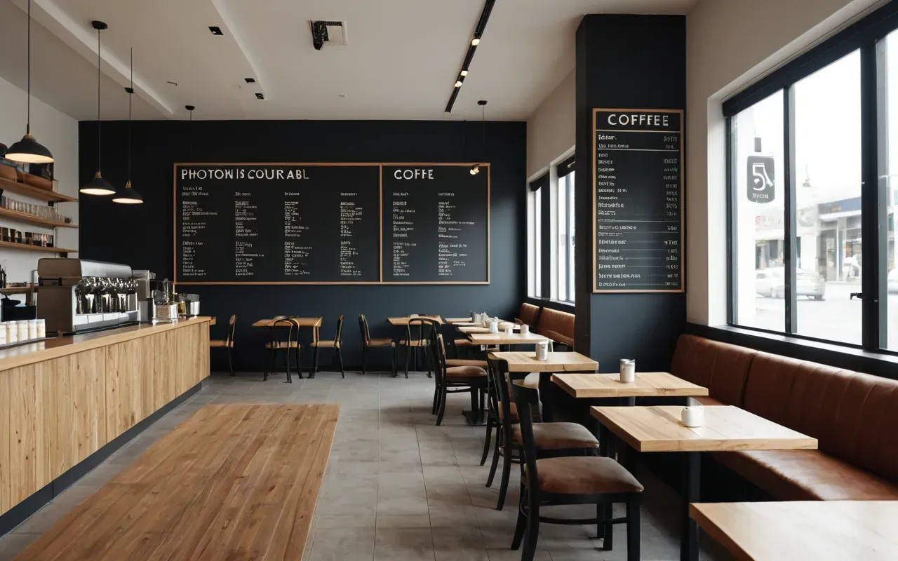 Interior view of a modern minimalist coffee shop interior featuring light wooden furniture and large windows letting in natural daylight with empty tables and chairs arranged neatly.