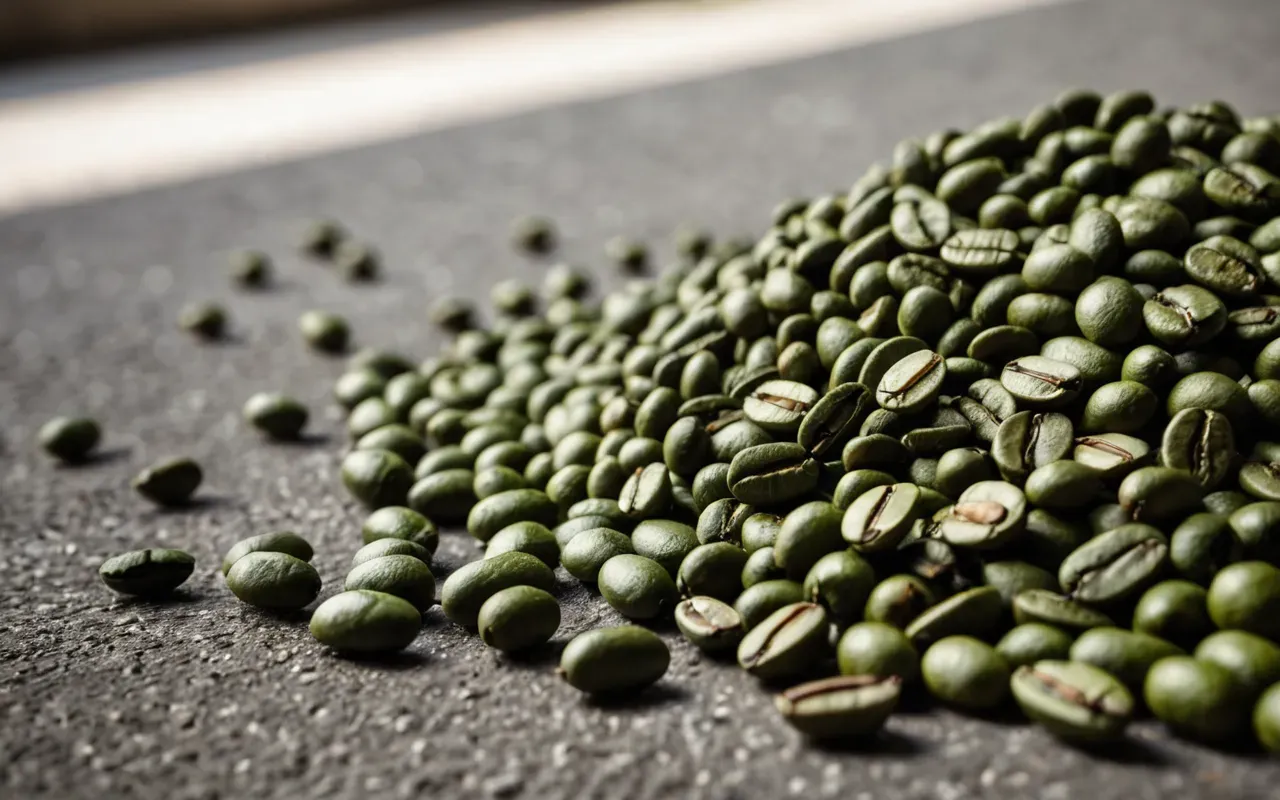 Macro shot of raw green coffee beans next to roasted brown beans on a concrete surface with soft natural light highlighting the texture differences clearly and sharply.