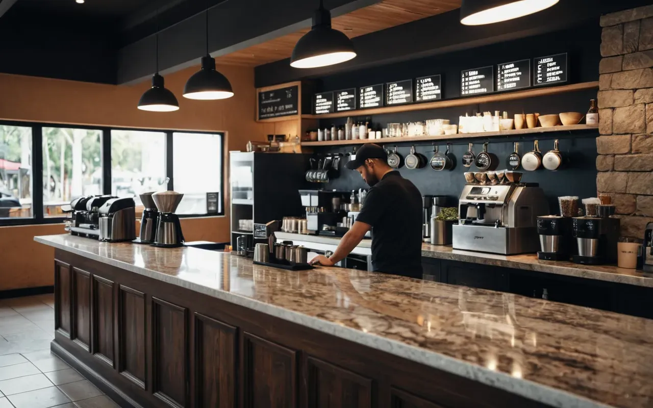 Modern cafe interior with a clean counter made of polished stone where a barista in casual attire prepares drinks behind the register area under bright overhead lights creating a professional and inviting atmosphere.