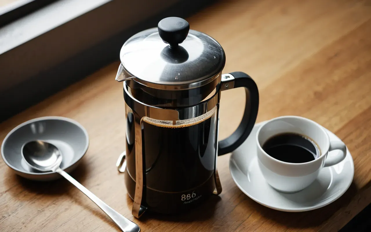Overhead shot of a stainless steel french press filled with dark liquid sitting on a light wooden countertop next to a small white ceramic cup and a metal spoon nearby under bright even lighting.
