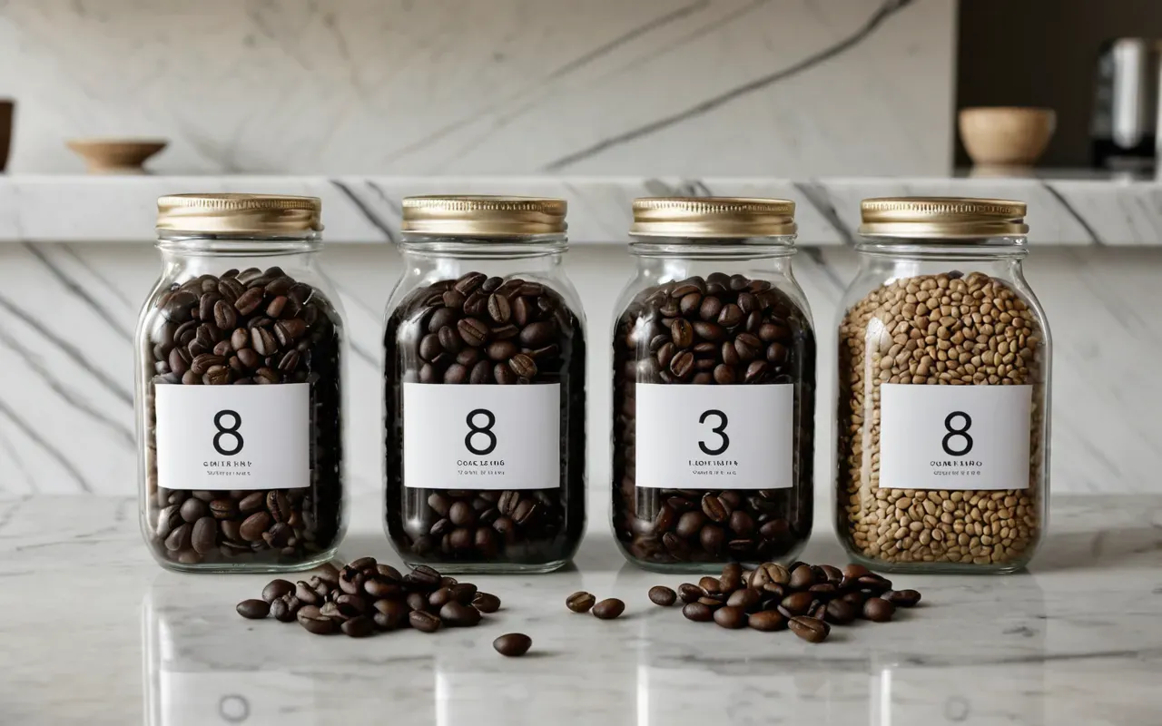 Overhead shot of three different coffee bean varieties in clear glass jars arranged on a marble countertop with natural sunlight creating soft shadows and highlighting texture differences