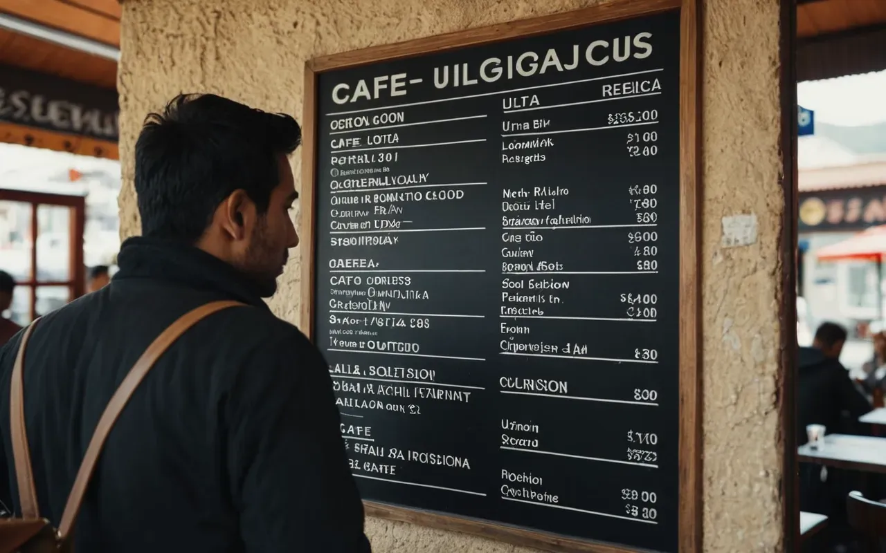 Person looking at a menu board on a cafe wall with various drink options listed and prices visible