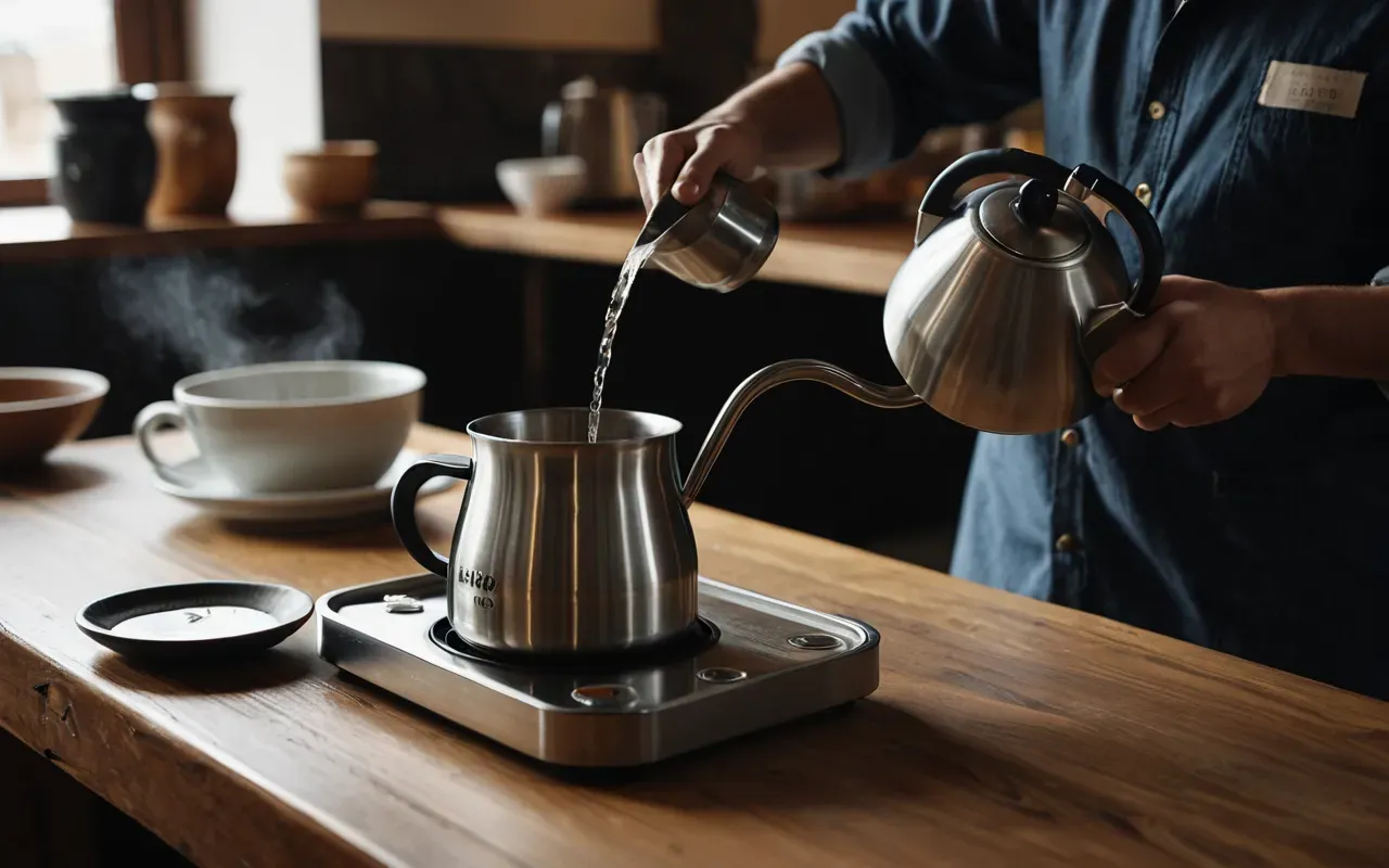 Person pouring hot water from a gooseneck kettle into a glass dripper on a wooden counter with soft shadows