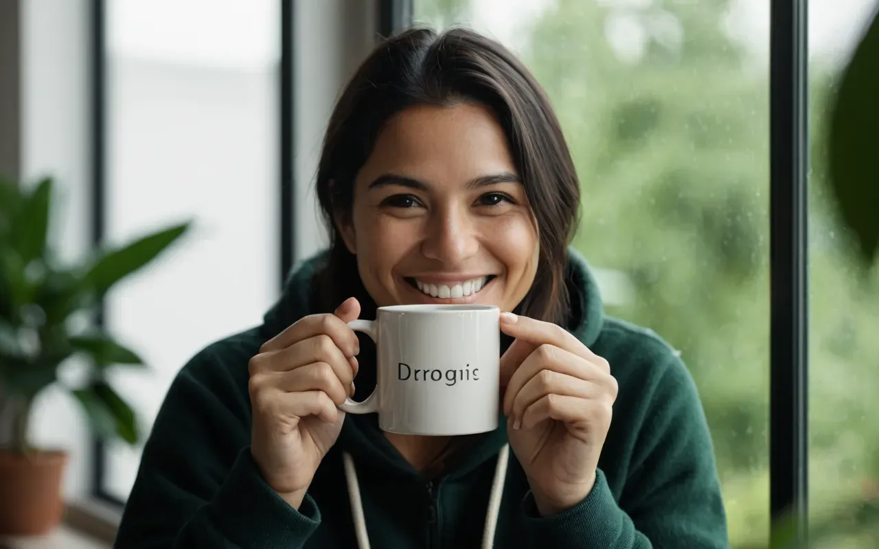 Portrait of a person smiling while holding a ceramic mug in both hands near a large window with blurred green plants visible outside the glass pane.