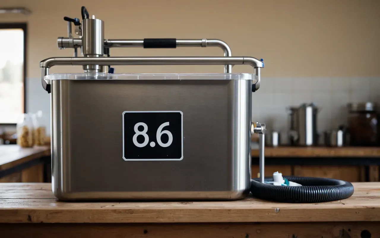 brewing flow mechanics Side view of a clear plastic tubing system connected to a stainless steel tank on a clean wooden workbench with measurement tools nearby