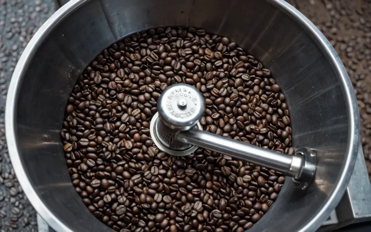 grinder consistency test Top-down view of coffee beans flowing through a transparent hopper into metal grinding chambers with visible static charge effects on particles