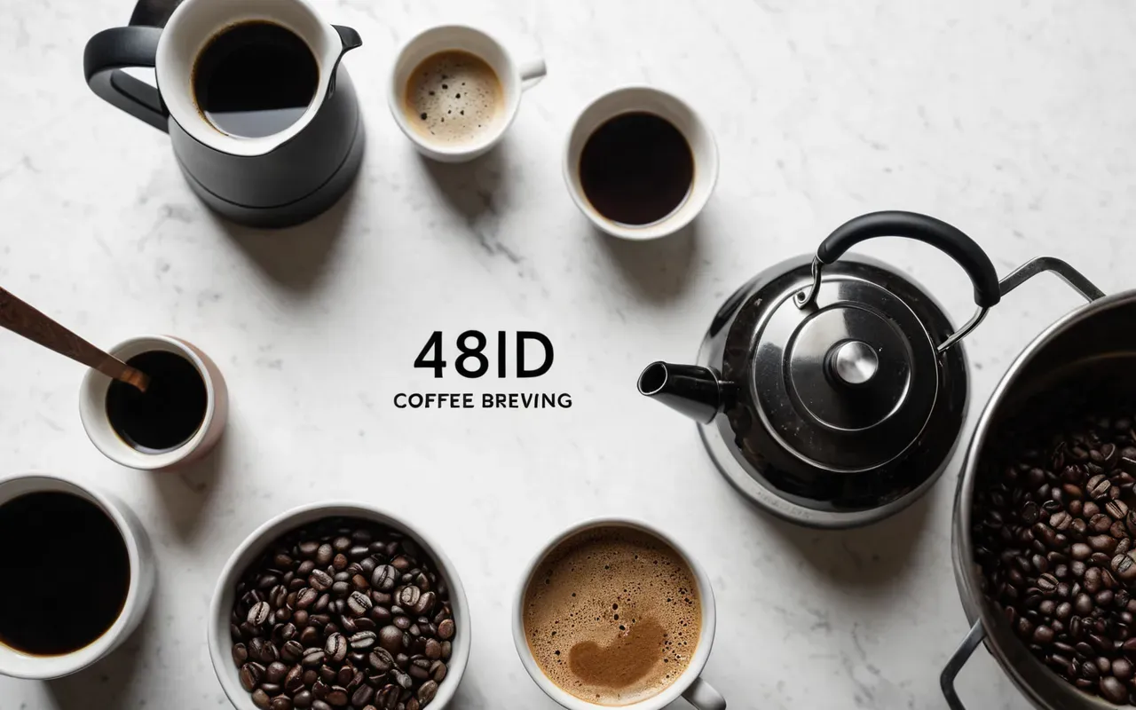 Top down view of various coffee brewing tools including a kettle filter and cup arranged neatly on a white surface