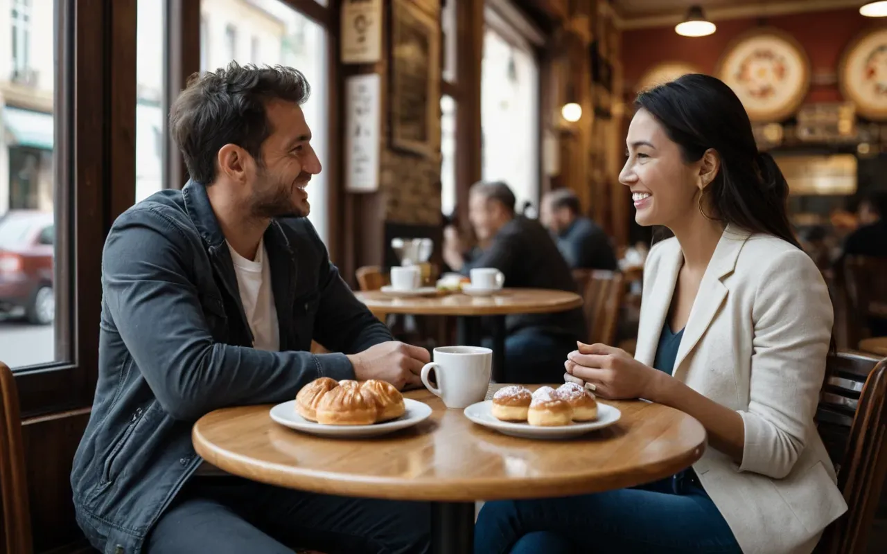Two people sitting at a small round table in a cafe sharing a plate of pastries and talking animatedly
