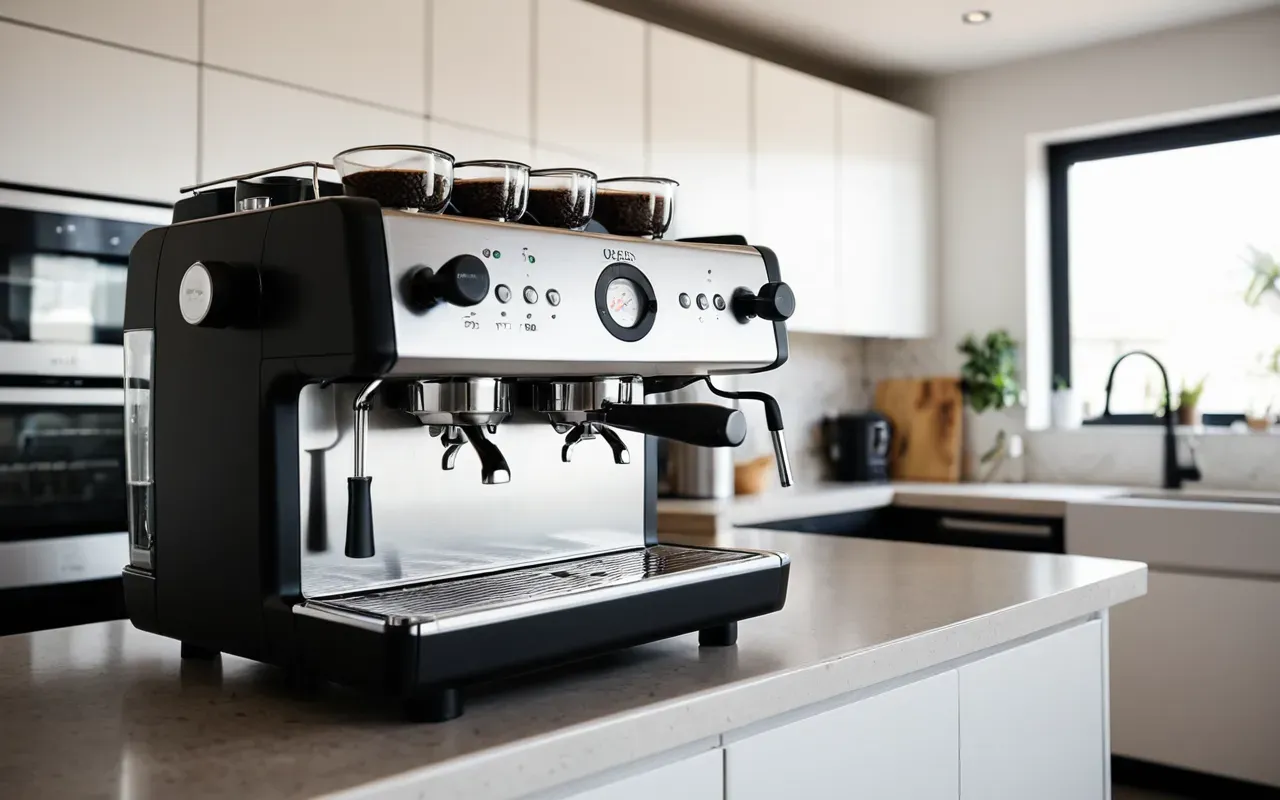 Wide angle view of a modern espresso machine with steam wand active in a clean contemporary kitchen workspace with white cabinets and minimal decor under bright even lighting
