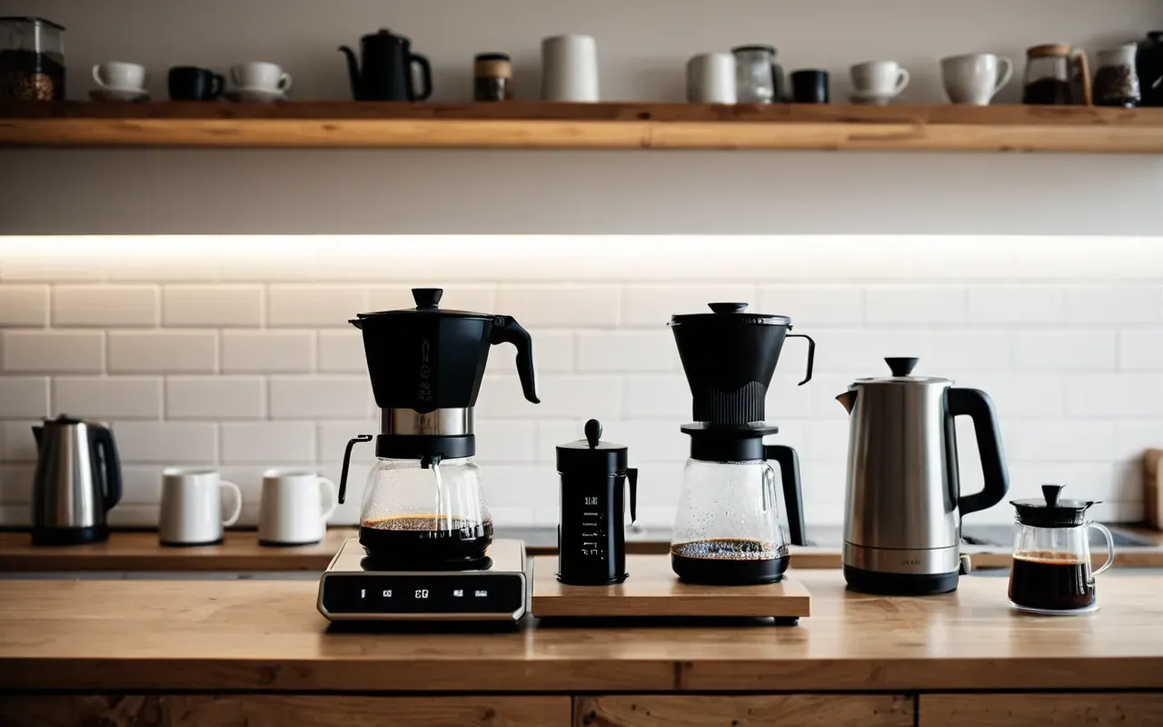 Wide shot of a modern kitchen counter with various coffee brewing equipment including a scale grinder and kettle arranged neatly on a light wooden surface.