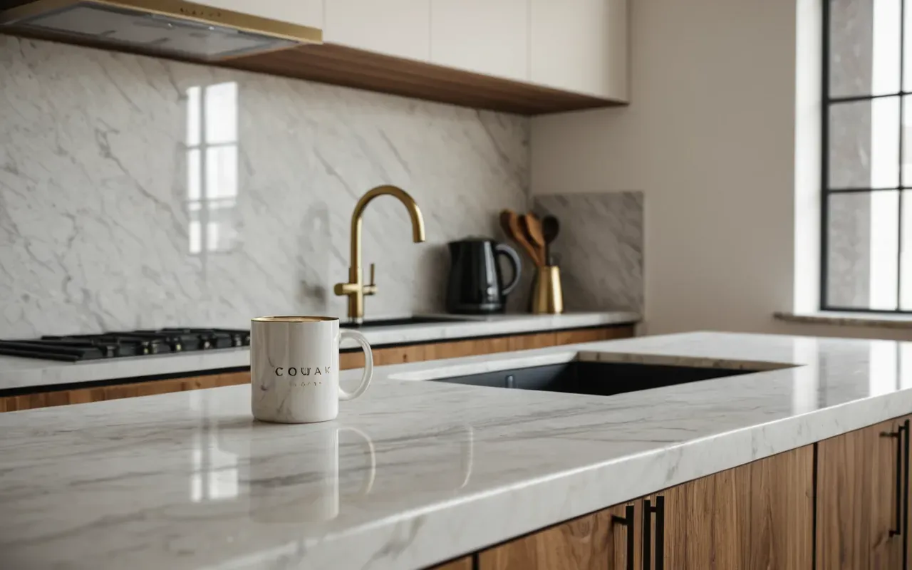 Wide shot of a modern minimalist kitchen interior with marble countertops and brushed brass fixtures in soft natural daylight. A clean ceramic mug sits on the counter near a window, capturing an editorial photography style.
