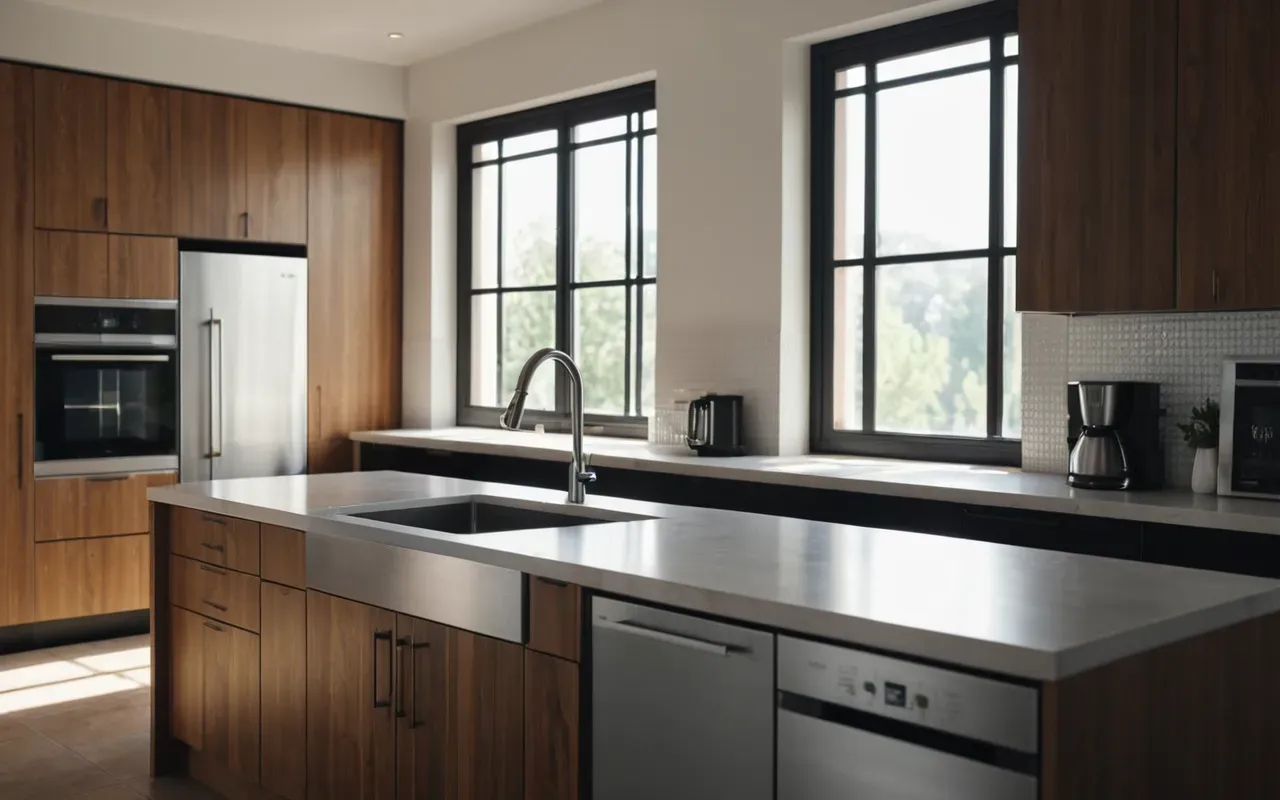 Wide shot of a modern minimalist kitchen with stainless steel appliances and wooden cabinets bathed in soft morning sunlight from large windows